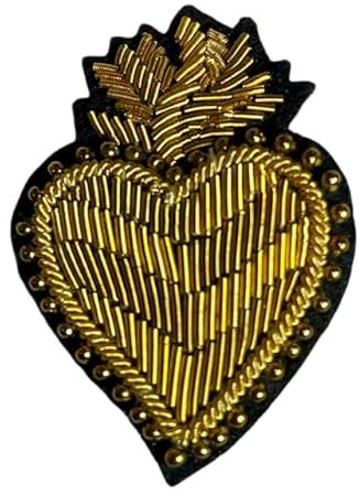 Broche Coeur Doré Ex-Voto Flamme, Brodée à la Main, Cannetille, 5,2 x 3,5 cm