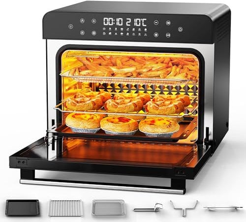 Karienvir Friggitrice ad aria 36 Litri Nero, 1800W Air Fryer, Mini Forno ad Aria Calda per Pizza, Controllo della manopola, Timer e Temperatura Regolabili, Senza Olio con 6 Accessori