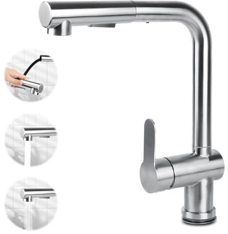 Robinet Cuisine Douchette, Mitigeur Cuisine avec Douchette Extractible, Robinet Cuisine Douchette avec 2 Modes de Pulvérisation, Robinet Evier de Cuisine Rotatif 360°, Robinetterie Cuisine Inox Brossé