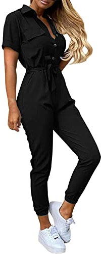 Overalls Rompers with Open Legs Women's Short Sleeve Cropped Coverall Button Down Tie Waist Cargo Jumpsuit Boiler Suit Women