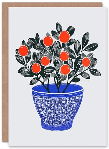 Artery8 Greeting Card Teaberry Red Berry Potted Plant Blue Red Bright Blank For Him Or Her Art Christmas Card