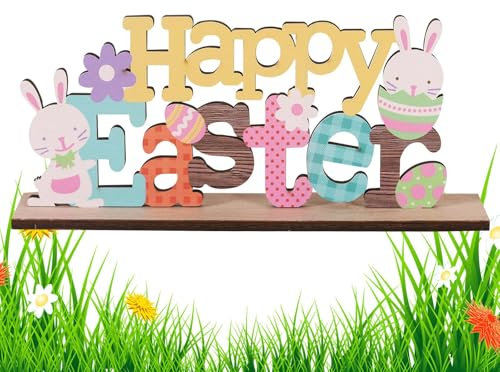 Tischschild Frohe Ostern – Dekoration aus für Tisch, Hase und Frühlingsblumen | Tischdeko Ostern | Dekoschild für Party, Bastelzubehör für Festliche Dekoration