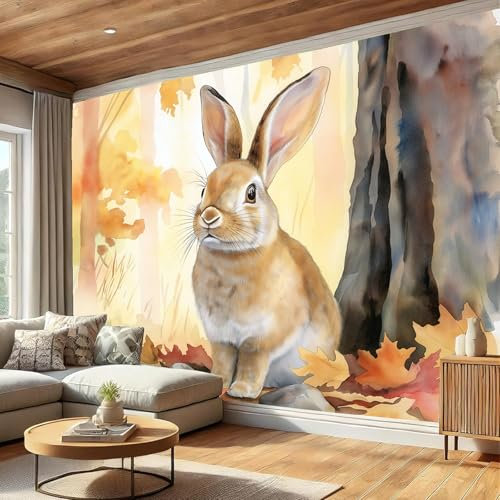 JSCWDET Feuilles d'automne Papier Peint Panoramique lapin mignon,350×256 CM (W×H) - Décoration murale moderne – Tapisserie décorative pour chambre salon - Tapisserie murales papier peint