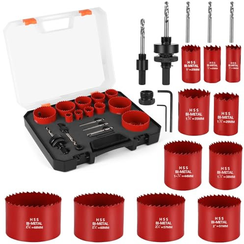 Gaethra Set di Seghe a Tazza M42 Bimetallica – 19 pezzi (19–68mm) con punta di centraggio e supporto, profondità di taglio 40mm – Fresa a Tazza per Legno ideale per vari materiali