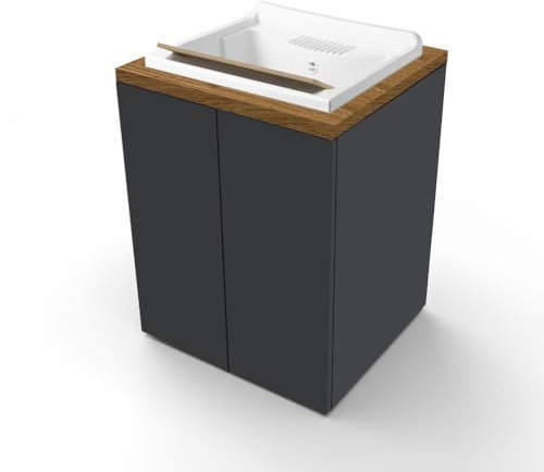 Liberoshopping Mobile Lavatoio in Legno 2 Ante con Vasca in Resina Bianco, Ripiano Interno, Apertura Push Pull, 71x65 cm, per Lavanderia e Spazi Piccoli (Grafite Opaco/Noce)
