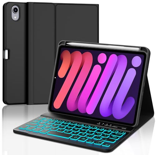 Funda con Teclado para iPad Mini 7 8.3 2024, Teclado Bluetooth Retroiluminado de 7 colores, Funda Minimalista 360° Delgada y Moderna con Ranura para Lápiz, Compatible con iPad Mini 6 2021, Negro