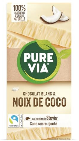 Pure Via Tablette Chocolat Blanc & Coco à la Stevia, Sans sucre ajouté, Équitable 100g