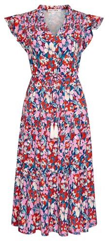GRACE KARIN Cap Ärmel A-Linie Blumen Kleid für Damen Fließend Sommerkleider Kordelzug Stufen Rüschen Lange Strandkleider mit Taschen Blau Rot XL