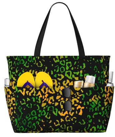 Kingmate Strandtasche XXL Damen mit Leoparden-Print – Wasserdichte Große Shopper Tasche mit Reißverschluss, Leicht & Faltbar als Umhängetasche für Strandurlaub, Einkaufen, Fitnessstudio und Reisen R