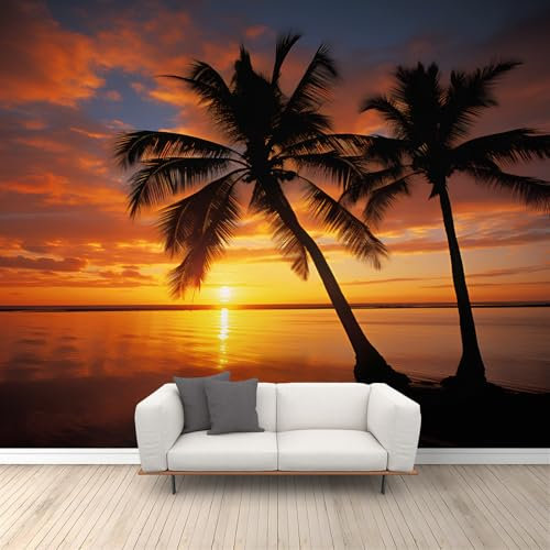 Sunset Beach Mural Wallpaper Tropical Sunset Mural Ocean Beach Coconut Tree Wall Murals Ocean Landscape Wallpaper for Living Room Bedroom Office 250 x 175 cm