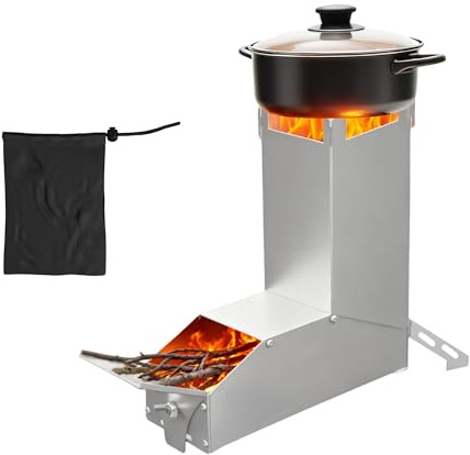 XMTECH Raketenofen Silber | Edelstahl Rocket Stove Campingkocher, Outdoor Holzofen, Mini Raketenofen, Survival Notkocher für Dutch Oven, BBQ, Terrasse & Garten | Zerlegbar, inkl. Tragetasche