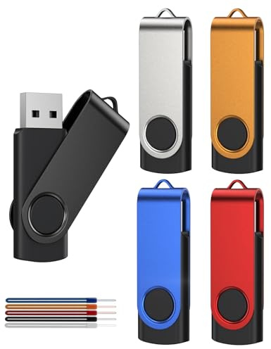 Kepmem Memoria USB 2.0 de 4 GB – Diseño Giratorio metálico (Paquete de 5) – hasta 15 MB/s – con luz indicadora LED – Set de Mini memorias de Datos con Clip Giratorio de Colores