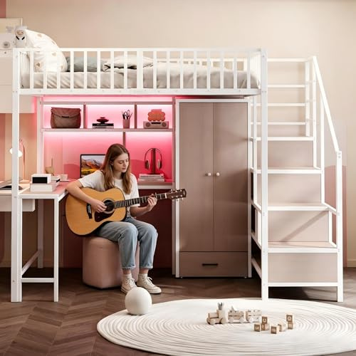 Su & Chan Legence Hochbett 140 x 200cm, Metallbett mit Schreibtisch, Regal, Kleiderschrank und Schubladen, Etagenbett mit Aufbewahrungsleiter, Ladebuchse und LED, Ohne Matratze, Weiß