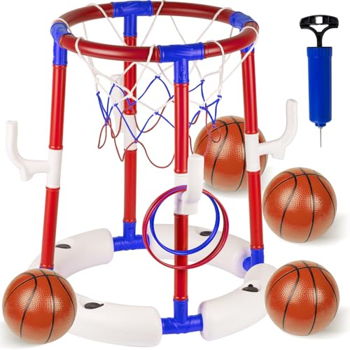 Dnoyevvs Giocattoli da basket per piscina, cestino da basket galleggiante per piscina con 4 palline, 6 anelli e pompa, ideale per bambini e adulti per divertirsi in acqua