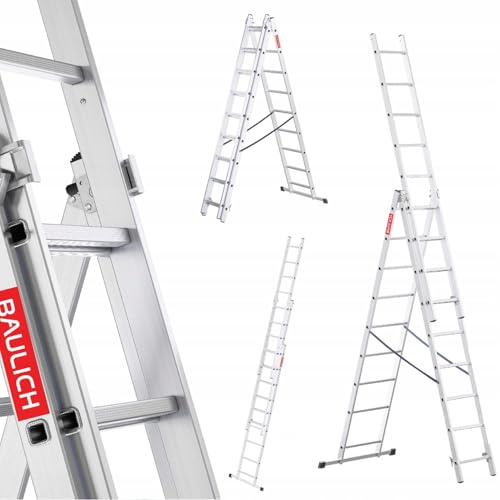 Baulich - Mehrzweckleiter 3in1 - Treppenleiter, Anlegeleiter & Stehleiter - Aluleiter Ausziehbar - 3x9 (Stufen) Vielseitig, Klappbar, Bis 150kg, Für Arbeiten Im Haus und Garten, Leicht 12,5kg, Silber