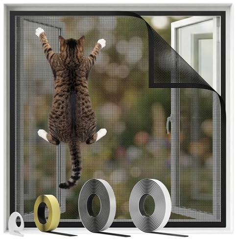 BKSAI Moustiquaire Chat Fenêtre Filet Chat Renforcé Résistant à Griffe Chat | Chat Fenetre Sécurité, avec Bande Auto-Adhésive Sans Perçage, 2 en 1 pour Protection Chats et Anti-Moustique, 100*130cm Noir