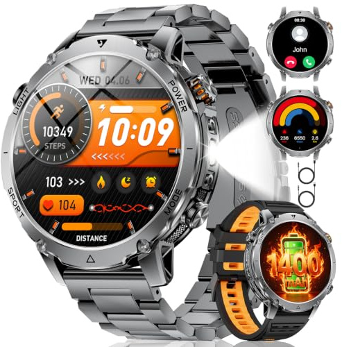 LIGE Smartwatch Herren 1400mAh Lange Akkulaufzeit, 1,7 Militär Smart Watch mit LED-Taschenlampe, Bluetooth-Anrufe, 120+ Sportmodi, 5ATM Wasserdicht, Herzfrequenzmesser, Android/iOS, EF26-C