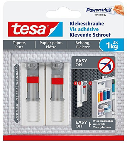 tesa® Verstellbare Klebeschraube für Tapeten und Putz, Haltekraft bis zu 1kg (10 Packungen = 20 Schrauben)