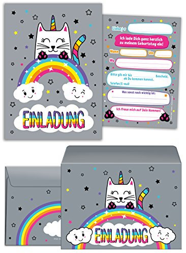 JuNa-Experten 12 Einladungskarten zum Kindergeburtstag für Mädchen Katze-Einhorn incl. 12 Umschläge/Einladungen/schöne und bunte Geburtstagseinladungen (12 Karten + 12 Umschläge)