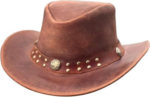 BRANDSLOCK Cowboy Hat für Herren und Frauen - Premium Leder Australischer Busch Hat - Leichter Western Hut - Formbarer Cowgirl Hut Mit Breiter Krempe - Party Kostüm Outfit für Reisen und Sonnenschutz