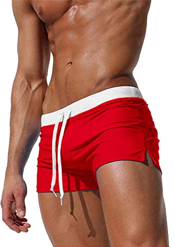 TMEOG Maillot de Bain Homme Short de Bain, Boxer de Bain Homme Caleçon de Bain Piscine Séchage Rapide Short de Plage Shorty Mayo de Bain avec Poche Zippée(Rouge,XL)