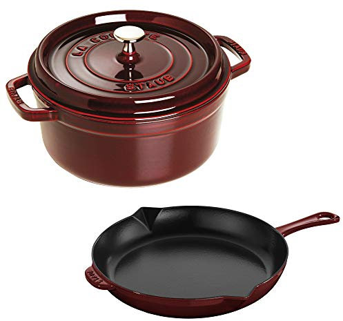 Staub Juego de 3 piezas de cocotte y sartén de hierro fundido, granadina, fabricado en Francia