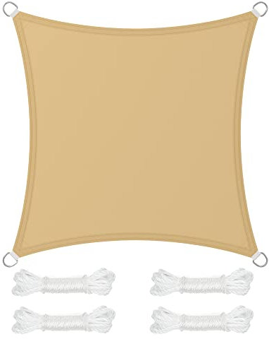 SONGMICS Vela de Sombra de 3 x 3 m, Impermeable con Columna de Agua de 665 mm, Protección Solar, Protección UV 93%, Terraza, Jardín, Balcón, Cuadrada, Cuerdas de 2 m, Amarillo Arena GSH33EY
