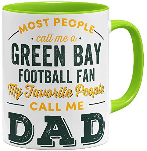 OM3® Green-Bay-Fan Tasse | Keramik Becher | American Football Mug | 11oz 325ml | Beidseitig Bedruckt | Hellgrün