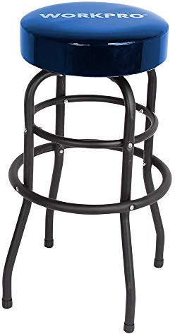 WORKPRO W112003 Garage Shop Stool, Heavy-Duty Steel Construction Garage Stool, Swivel Cushion Seat, Black Powder Coated Legs & Footrest (Single Pack)