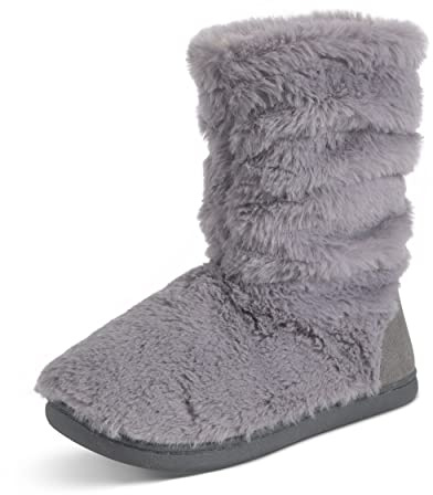 Polar Women’s Slip-On Slipper Boots - Sherpa Fleece Lined House Shoes with Memory Foam & Durable Rubber Sole - Warm Indoor Outdoor Winter Comfort Footwear for Ladies - Grey Faux Fur - UK 5