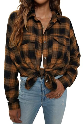 Blooming Jelly Women Brown Shirt Warm Flannel Blouse Plaid Tops Casual
