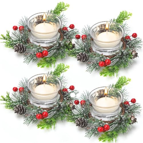 12 Stück Weihnachten Teelichthalter Set Einschließlich 4 Stück Weiß Votivkerzen, 4 Stück Dekorative Glas Teelichthalter 4 Stück Schneeige Tannenzapfen Beere Kerzenring für Hochzeit Geburtstag Urlaub