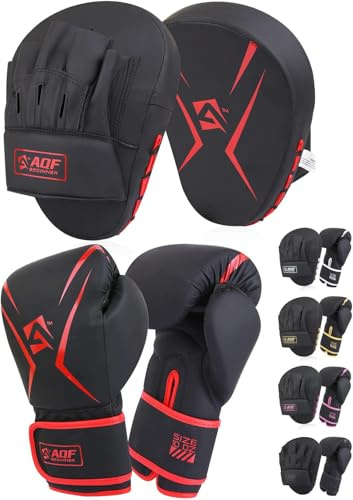 AQF Boxhandschuhe Und Pratzen Set Für Boxsack Kickboxen Kampfsport Training | 08–16 Oz, Box-Set Erwachsene, Kunstleder, Mehrlagige Polsterung, Komplettes Trainingsset, Boxing Gloves Mit Gebogenen Boxpad