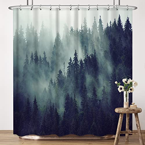 LIGHTINHOME Duschvorhang, 183 x 183 cm, nebeliger Regenwald, Kiefernbäume, Dunkelgrün, Lila, Naturlandschaft, Landschaft, Stoff, wasserdicht, Badezimmer, Heimdekoration, Set mit 12 Kunststoffhaken