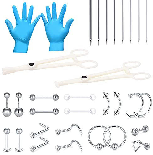 NIUSIMAN 32 Stück Piercing Set Edelstahl mit Klemmhandschuhen Körperpiercing Werkzeugset für Bauchnabel Zunge Brustwarze Augenbraue Lippe Nase Ohr Piercing-Silber