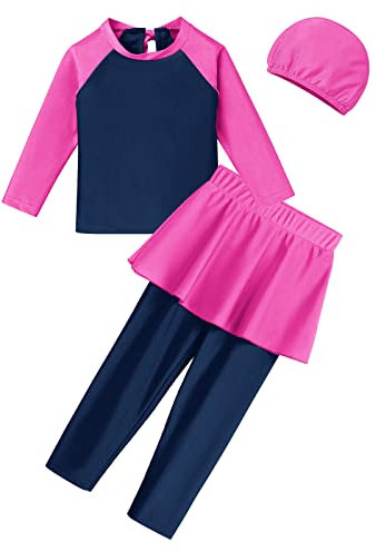 IWEMEK Mädchen Badeanzug UV Schutz 50+ Sonnenschutz Muslimische Islamische Bademode Langarm Oberteil + Rüschen Hose + Hijab Mütze Tauchanzug Bescheidener Neoprenanzug 3-teilig #1 Rosa 7-8 Jahre