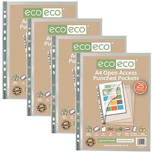 eco-eco A4, 100% recycelt, mehrfach gelocht, Glas, transparent, oben und seitlich, transparent, Poly-Brieftaschenschutz, 90 Mikrometer (100 Stück), eco059 x 4
