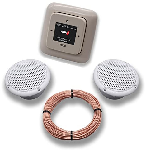 Busch Jäger DAB+ Unterputz Unterputzradio DAB Plus 8215 U – 101 DURO2000 cremeweiß - Komplettset + 2 x Deckenlautsprecher Feuchtraum Badezimmer + 20 Meter Lautsprecherkabel 2x0,75 mm² 8215U-101
