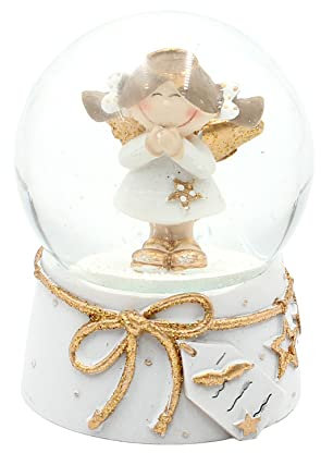 Schneekugel/Schüttelkugel Engel mit verschmitzen Lächeln, weiß/goldenem Sockel, Größe L/B/H ca. 8 x 6,5 x 8 cm, Ø Kugel 6 cm