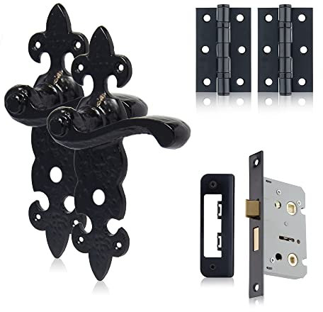 XFORT Smithy's Range Fleur De LYS Lever Bathroom Pack Black Antique, Complete Set with Bathroom Handles, 65mm Mortice Bathroom Lock and 75mm Hinges, Door Handles Set for Internal Wooden Doors.