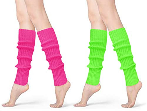 Joyingtwo Neon-Beinstulpen für Damen im 80er-Jahre-Stil, gerippte lange Socken für Sport, Yoga, Partyzubehör, Rosa und Neongrün, Einheitsgröße