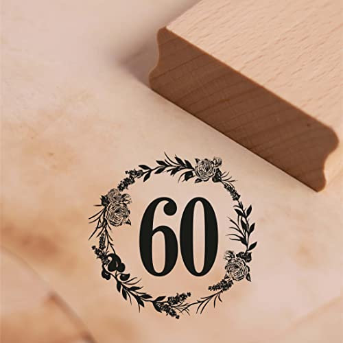 Motivstempel Jubiläum Zahlen Vintage Kranz Rosen Stempel Holzstempel Geburtstag Hochzeitstag - 48 x 48 mm (60)