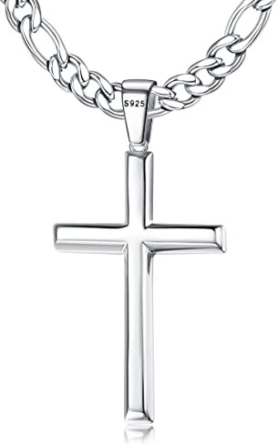 Krfy Silber Kreuz Anhänger Halskette für Männer Damen mit 5mm Durable Edelstahl Diamant-Cut Figaro oder Curb Kette, 18K Weißgold überzogene Kreuz Anhänger, 18-30 Zoll