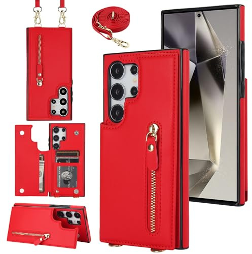 YDIJCYAN Handyhülle für Samsung Galaxy S23 Ultra Etui mit Kartenfach Hülle mit Verstellbarer Halskette, Samsung Galaxy S23 Ultra Handytasche mit Reißverschluss Geldbörse - rot