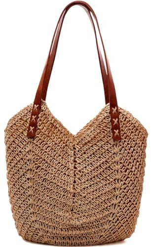 Straw Beach Bag for Women, Summer Straw Tote Bag Handbag with Zip Leather Handles, Retro Handmade Boho Casual Woven Travel Holiday Shoulder Bags for Beach Vacation Outdoor Shopping Daily Use (Coffee)