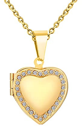KunBead Jewelry Love 20 inch Gold Heart Photo Picture Locket Necklace with Picture inside-Stainless Steel for Women