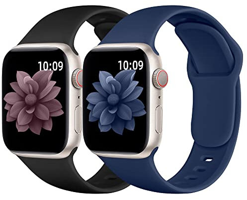 Ouwegaga Soft Strap Compatible with Apple Watch Strap 42mm 44mm 45mm 49mm, Silicone Replacement Band for iWatch Series 9 8 7 6 5 4 3 2 1 SE Ultra/Ultra 2 for Women Men, Black/Blue