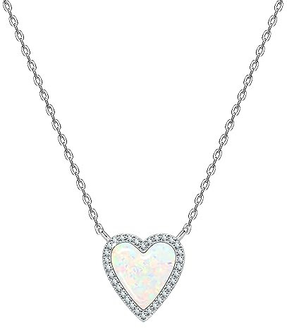 KristLand Damen Kette Erstellt Weißer Opal Anhänger aus Sterlingsilber mit Anhänger Herz Liebe Form Geschenk für Frauen Mädchen Hochzeiten Party Opal