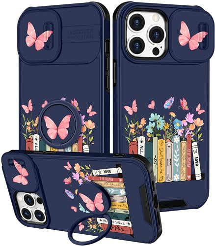 Funermei (2in1 for iPhone 15 Pro Max Case for Women Girls Cute Phone Cover Girly Kawaii Pretty Butterfly Books Aesthetic Design with Camera Cover and Ring Stand Funda for iPhone 15 ProMax Cases 6.7