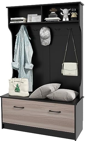 GIANTEX Appendiabiti con Panca da Scarpe, Armadio con Panca Portaoggetti e 5 Ganci e Scomparti, Mobile d'Ingresso Moderno per Corridoio, Camera da Letto, 100x40x160 cm (Nero)